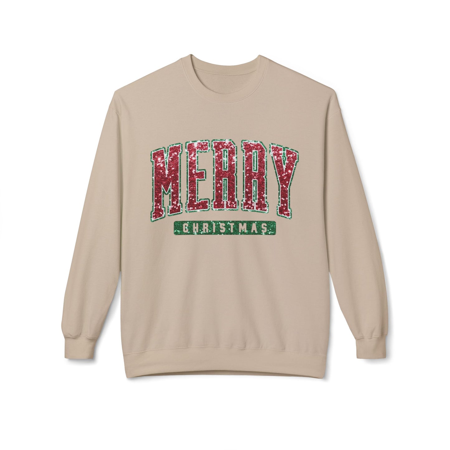 Merry Christmas Glitter Graphic Sweater NEW Unisex Fleece Crewneck Sweatshirt