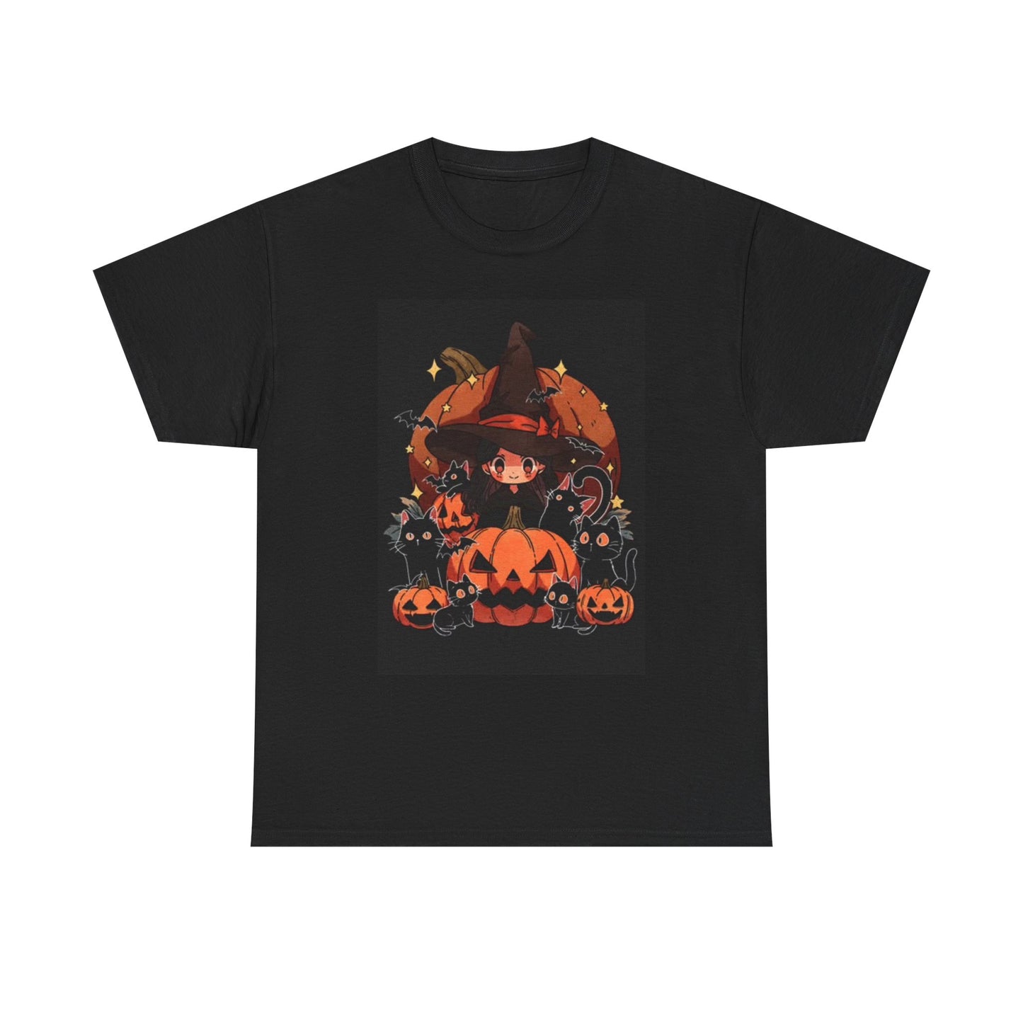 Halloween Graphic T Shirt Cute Witch Kittens Pumpkin Unisex Heavy Cotton Tee