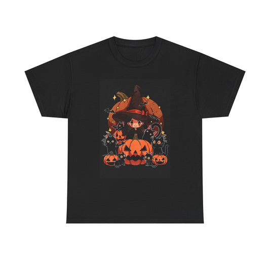 Halloween Graphic T Shirt Cute Witch Kittens Pumpkin Unisex Heavy Cotton Tee