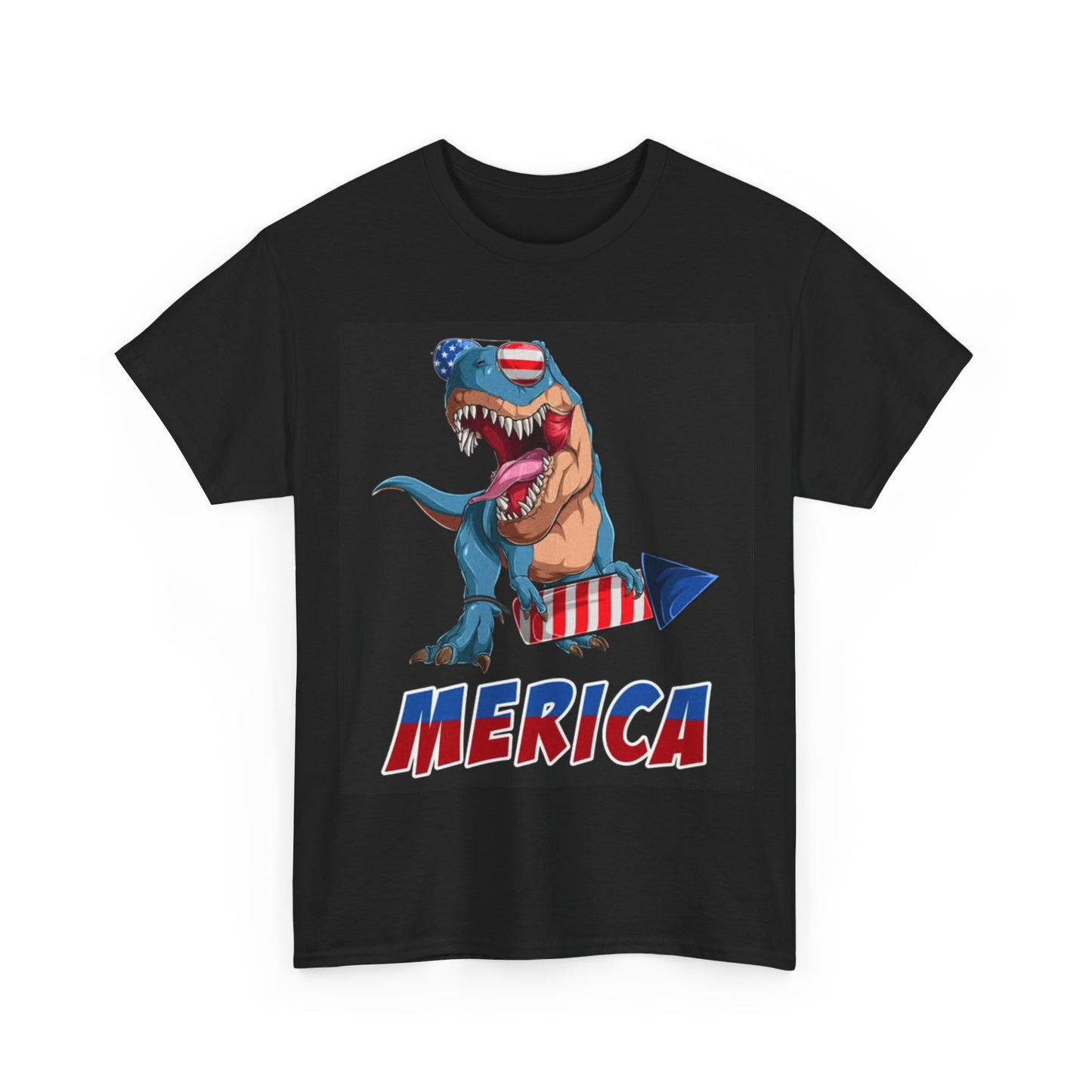 American Flag Dinosaur Tshirt July 4th Fireworks Funny Unisex Heavy Cotton Tee