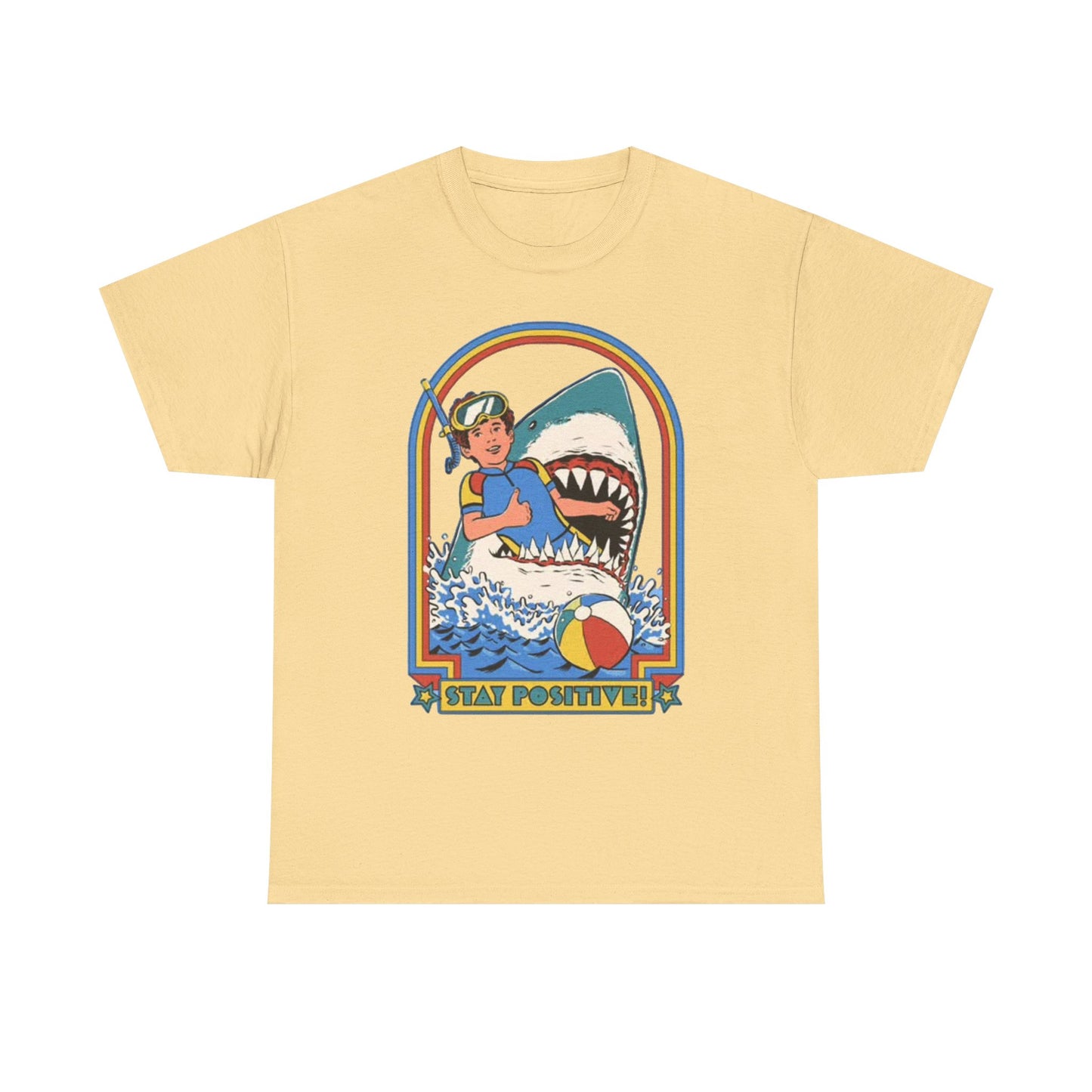 Stay Positive Funny Shark Attack Graphic T Shirt NEW Unisex Heavy Cotton Tee