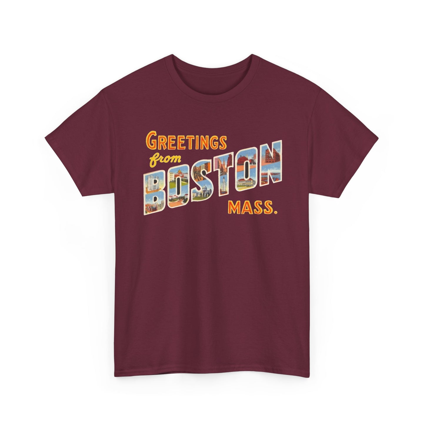 Boston T-shirt vintage postcard skyline retro Dunkin’s Unisex Heavy Cotton Tee