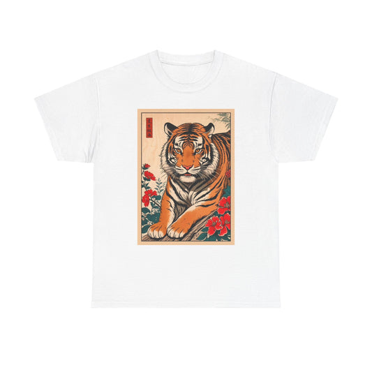 Tiger Postcard Japanese Art Zoo Flower Graphic T Shirt Unisex Heavy Cotton Tee