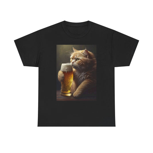 Cat Drinking A Beer Graphic T Shirt Funny Unisex Heavy Cotton Tee