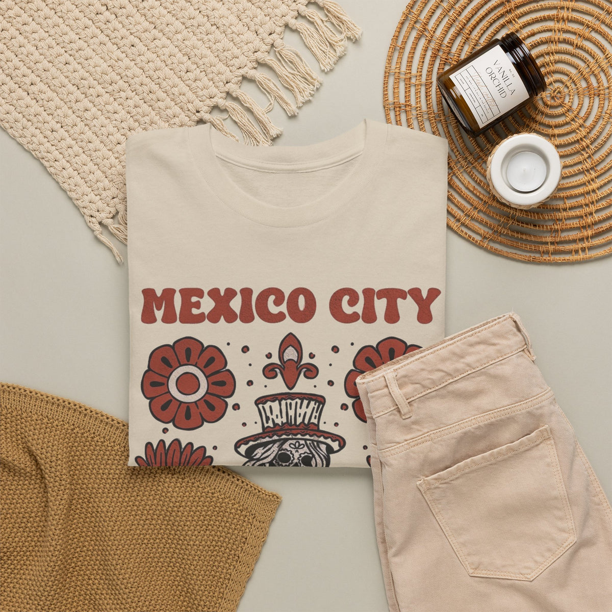 Mexico City Skull and Flowers T-Shirt, Laugh Your Soul Graphic Men's Graphic Tee