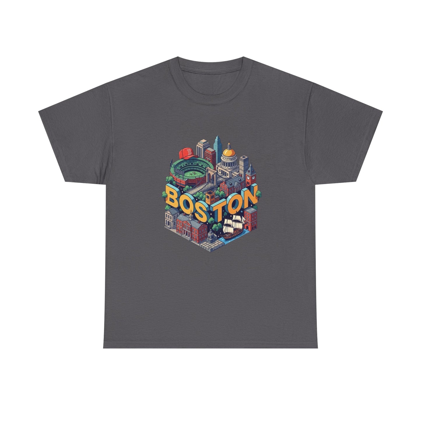Boston Mass landmarks Retro Graphic T Shirt NEW GIFT Unisex Heavy Cotton Tee