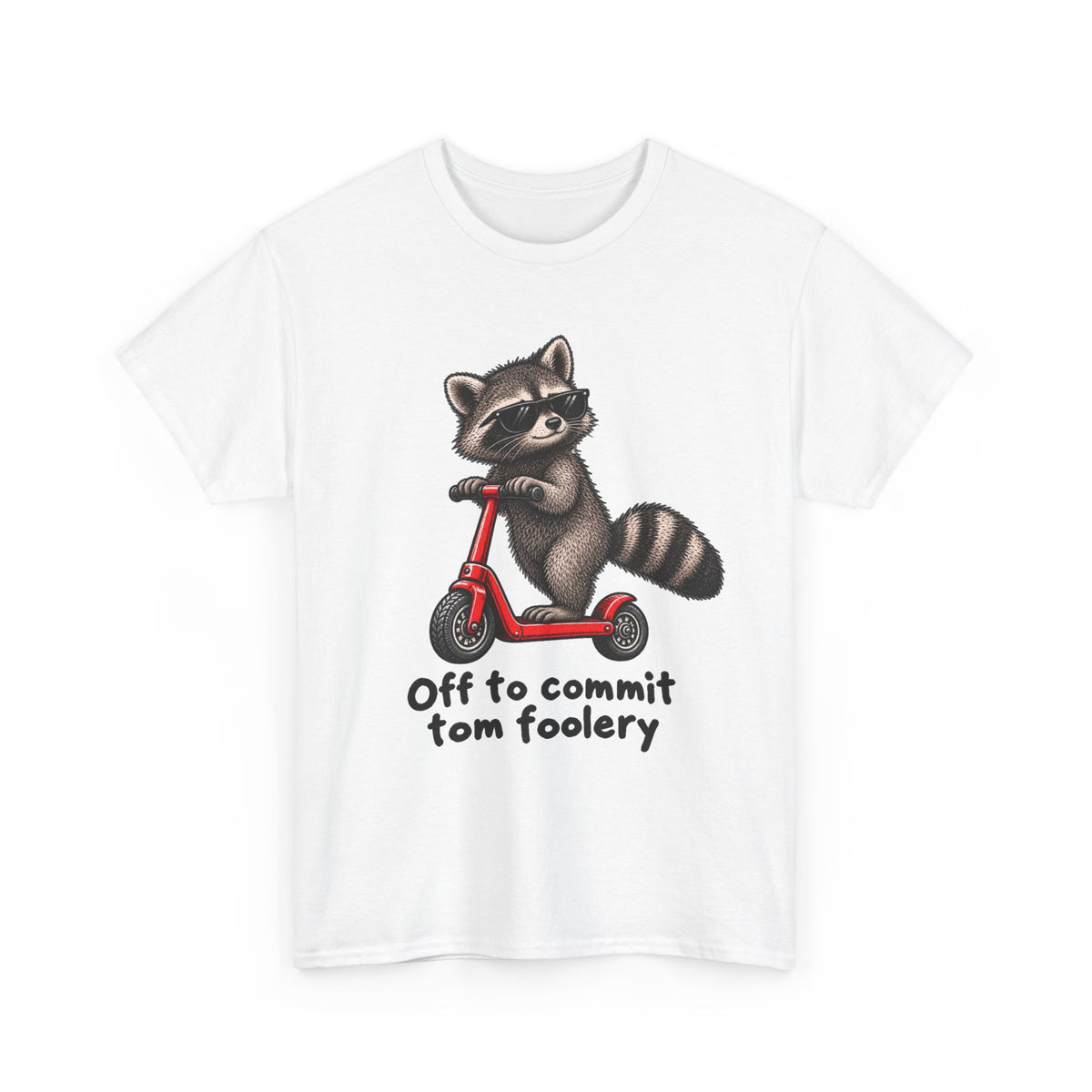 Raccoon Riding Scooter Off to Commit Tomfoolery T-Shirt Men's Graphic Tee