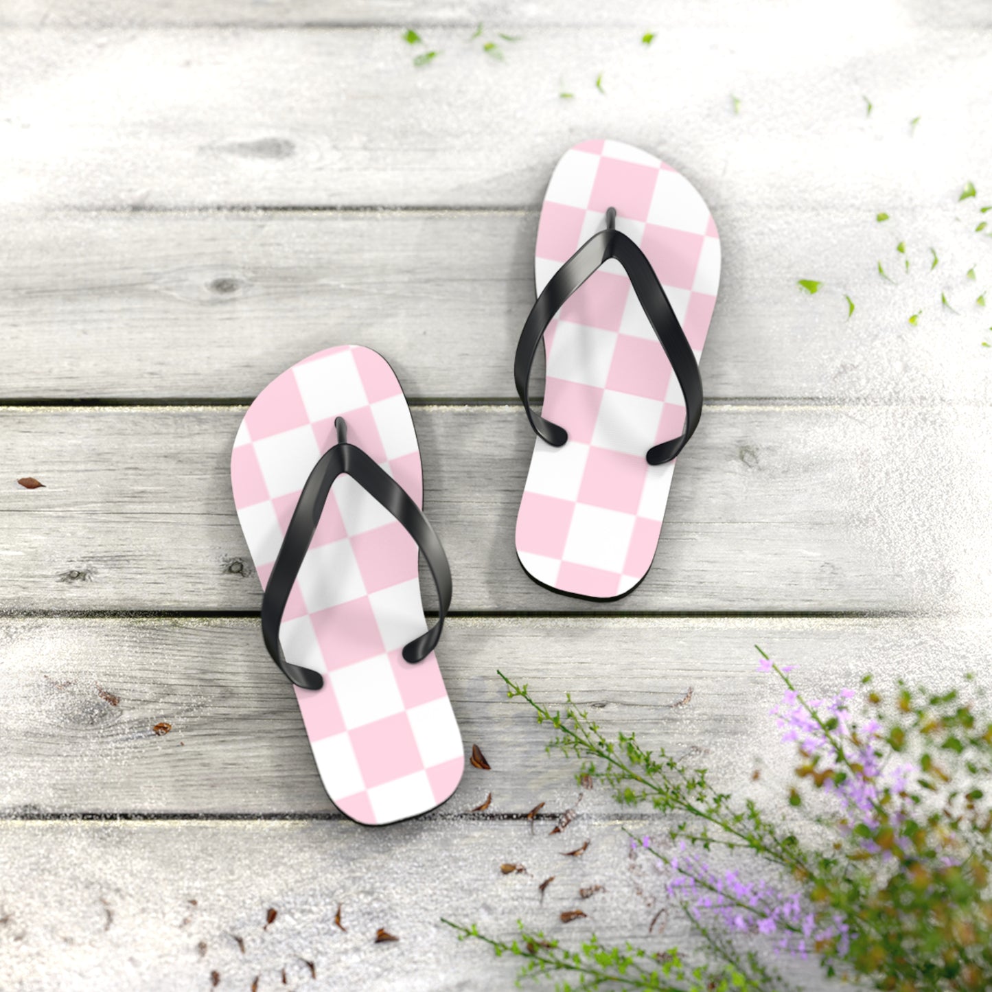 Pink Checkered Sandals, Beach Shoes, Vacation Flip Flops, Pool Slides
