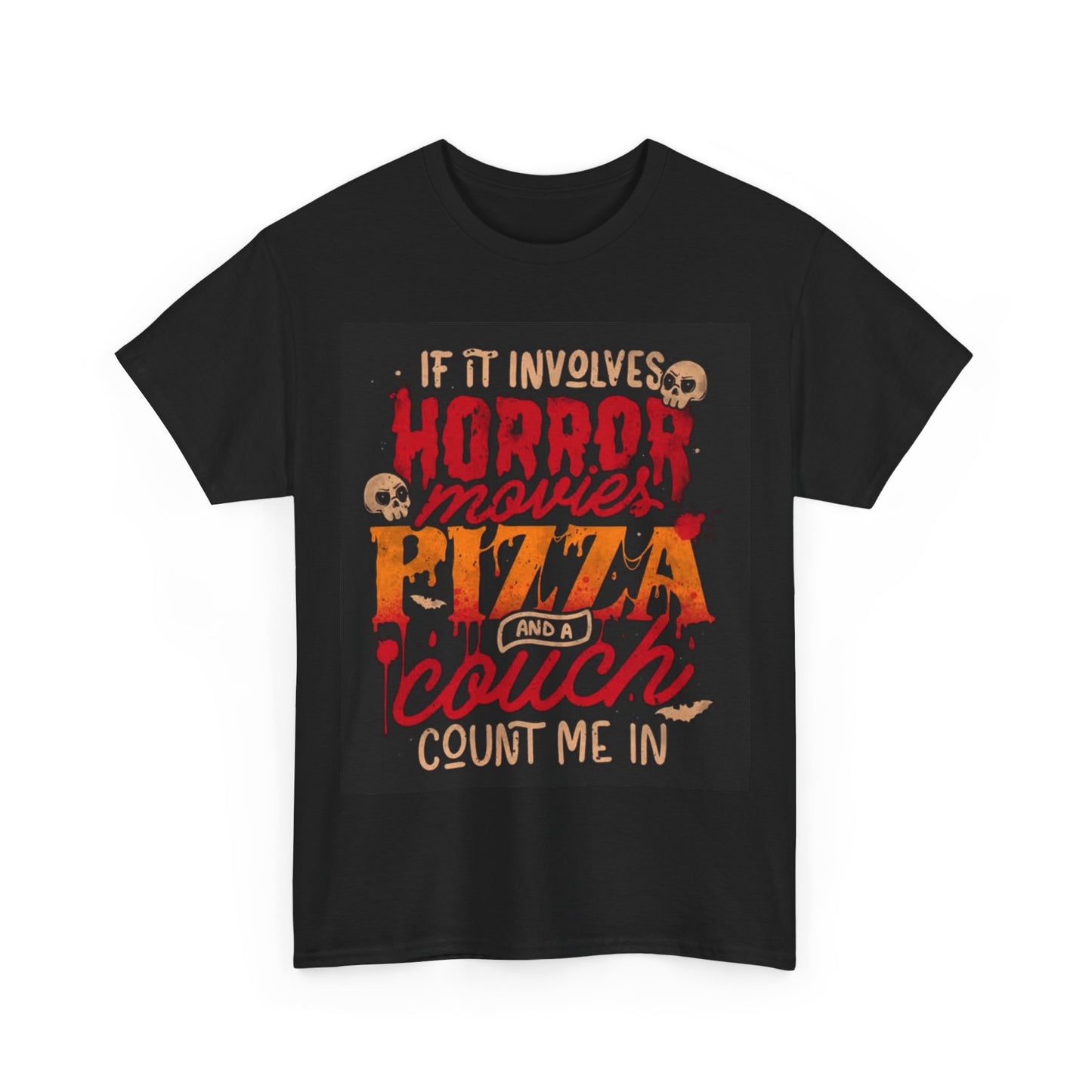 Pizza Party Tshirt Horror Movies and Pizza One Bite Unisex Heavy Cotton Tee