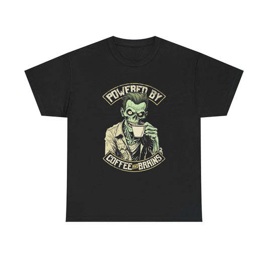 Powered By Coffee And Brains Zombies T Shirt Unisex Heavy Cotton Tee