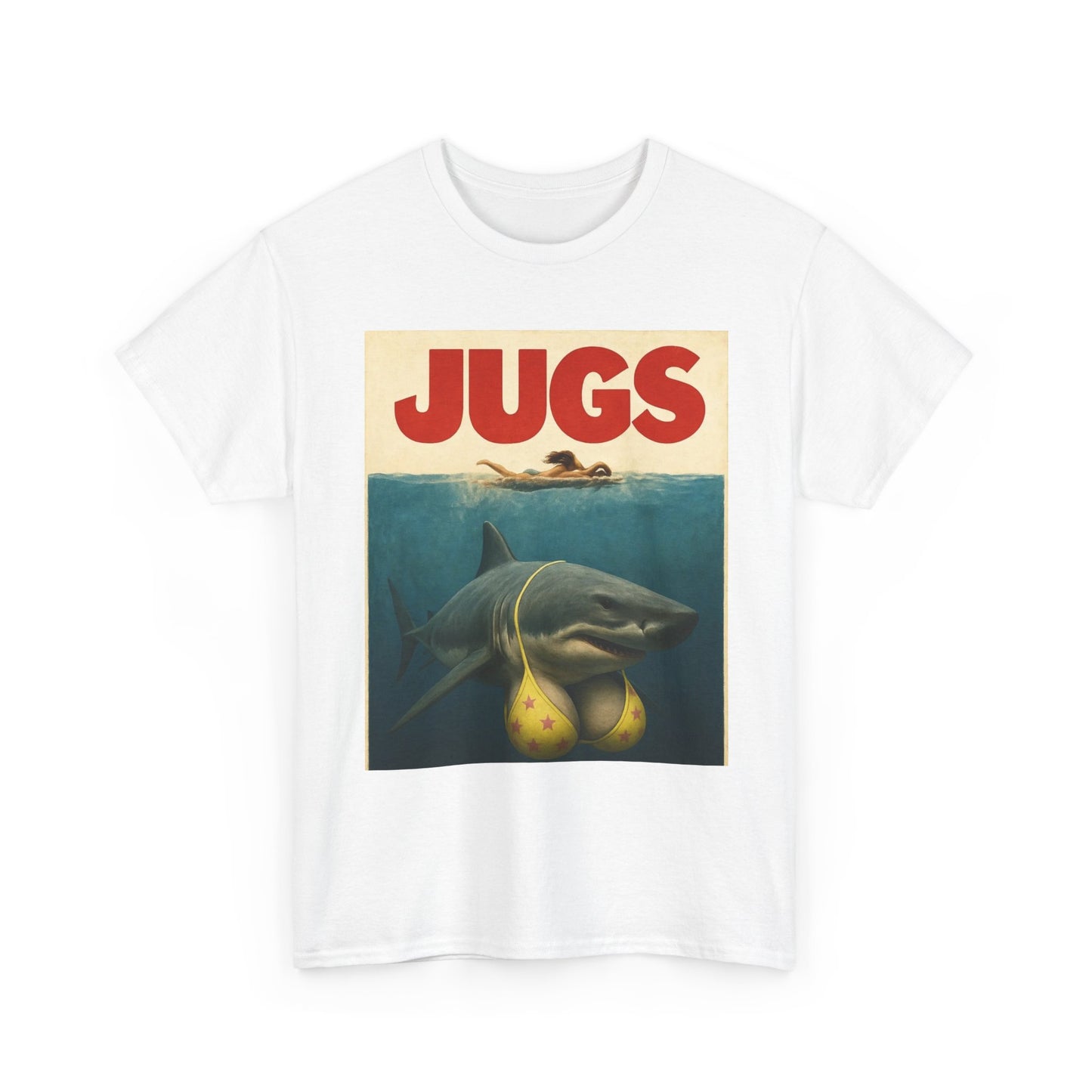 Jaws Parody Jugs Funny Shark Boobs Graphic T-Shirt Unisex Heavy Cotton Tee NEW