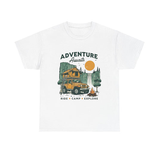 Adventure Awaits Camping Graphic T Shirt Unisex Heavy Cotton Tee