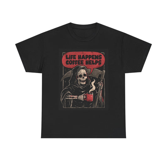 Life Happens Coffee Helps Graphic T Shirt Retro Funny Unisex Heavy Cotton Tee