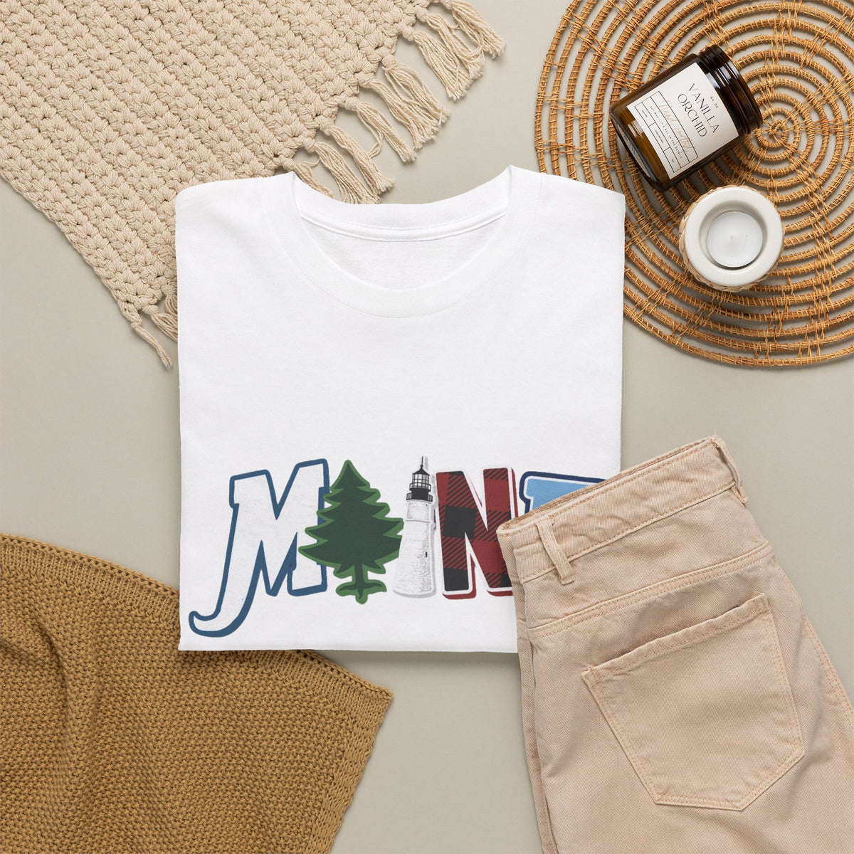 Maine Typography Tee | State Outline, Pine Tree, Lighthouse Men's Graphic T Shirt