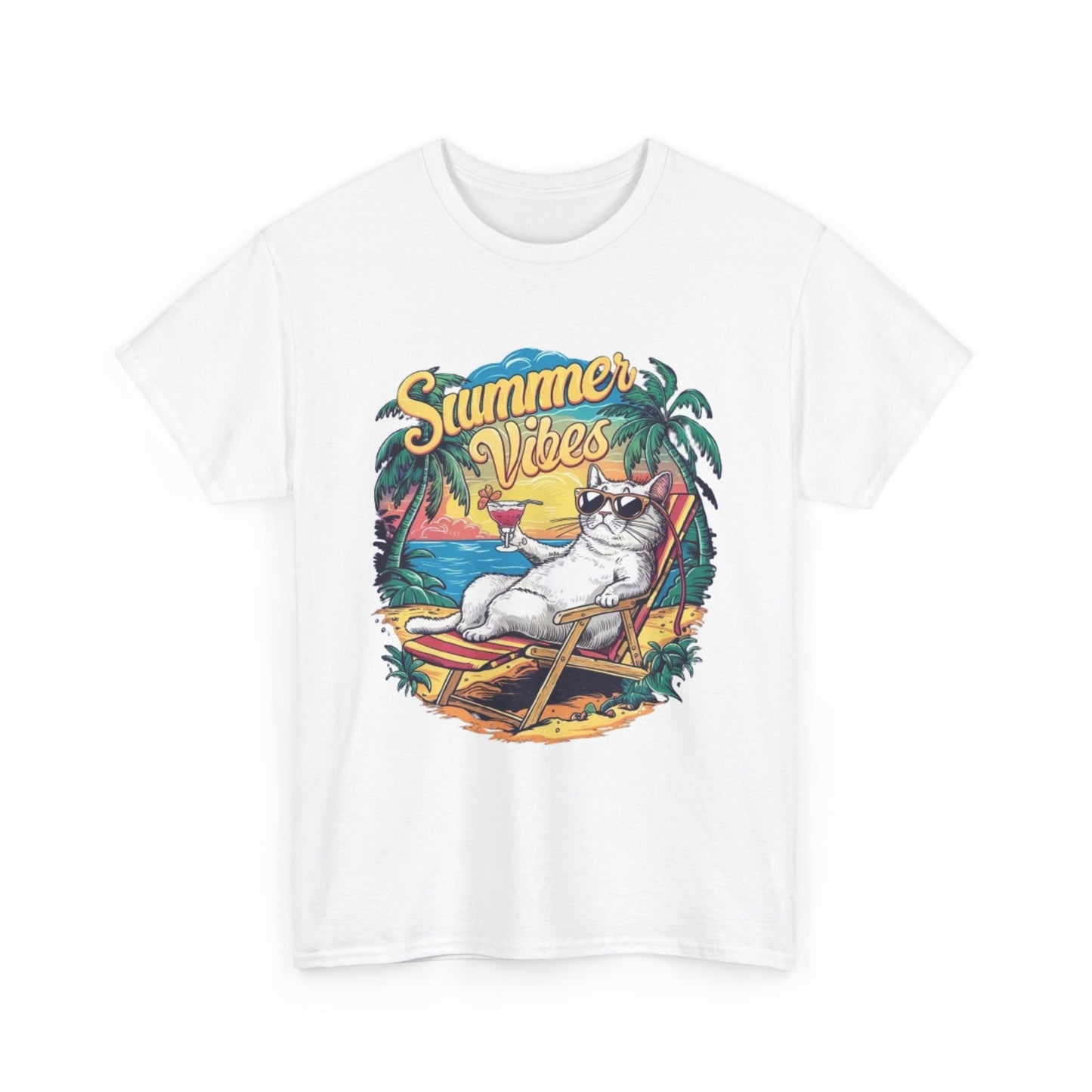 Summer Vibes Graphic T Shirt Funny Cat Drinking Unisex Heavy Cotton Tee