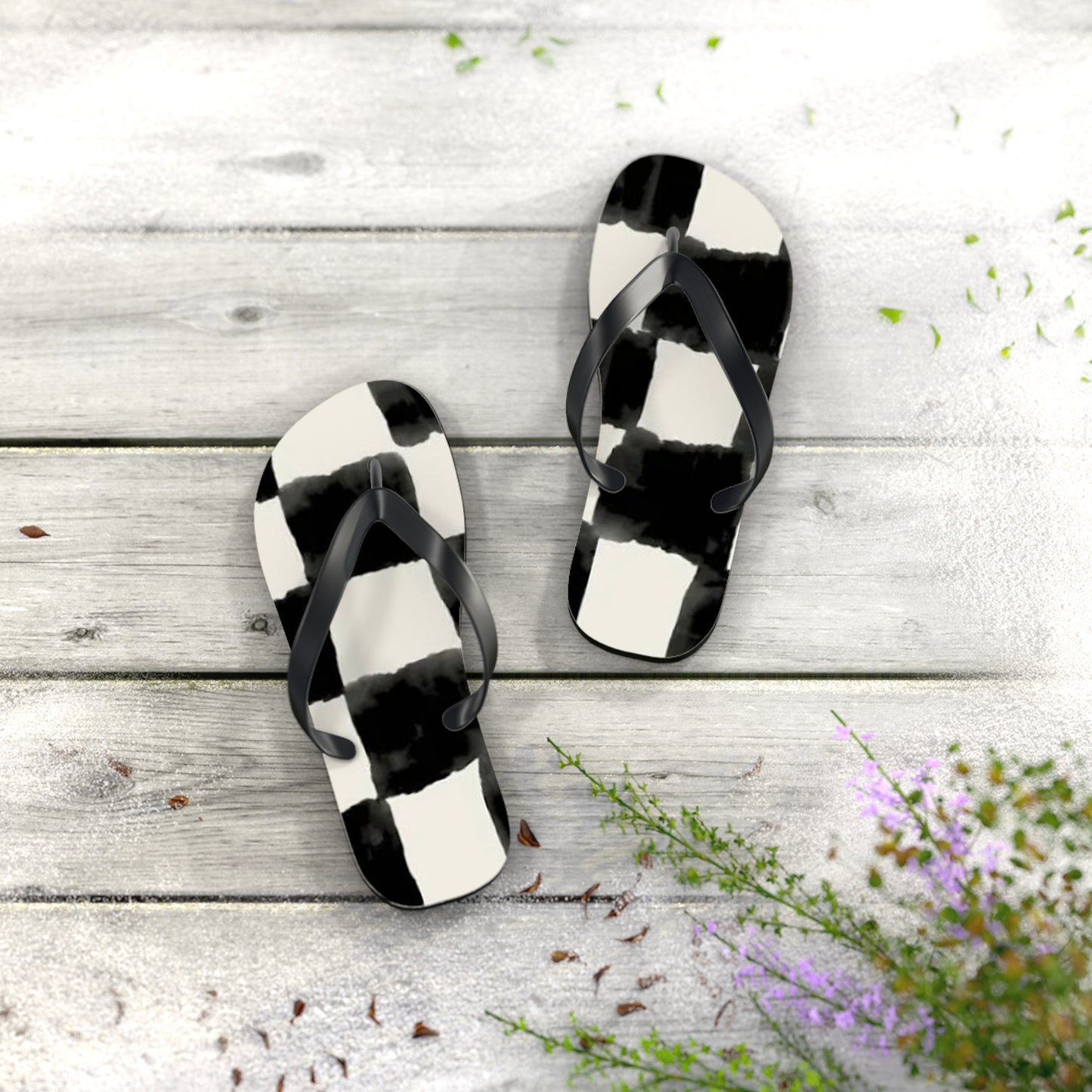 Checkered Black And White Sandals, Beach Shoes, Vacation Flip Flops, Pool Slides