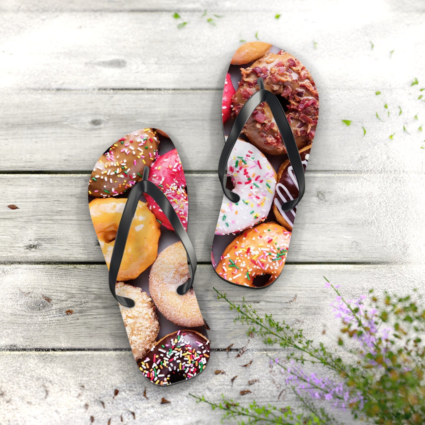 Donuts Funny Summer Sandals, Beach Shoes, Vacation Flip Flops, Pool Slides