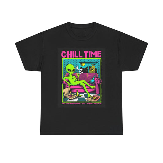 Chill Time Graphic T Shirt Aliens 420 Funny Unisex Heavy Cotton Tee
