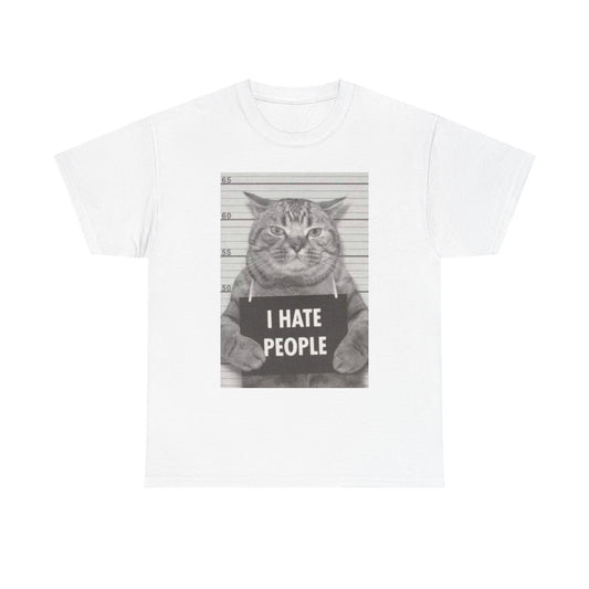 Cat Mugshot I Hate People Graphic T Shirt Unisex Heavy Cotton Tee BRAND NEW