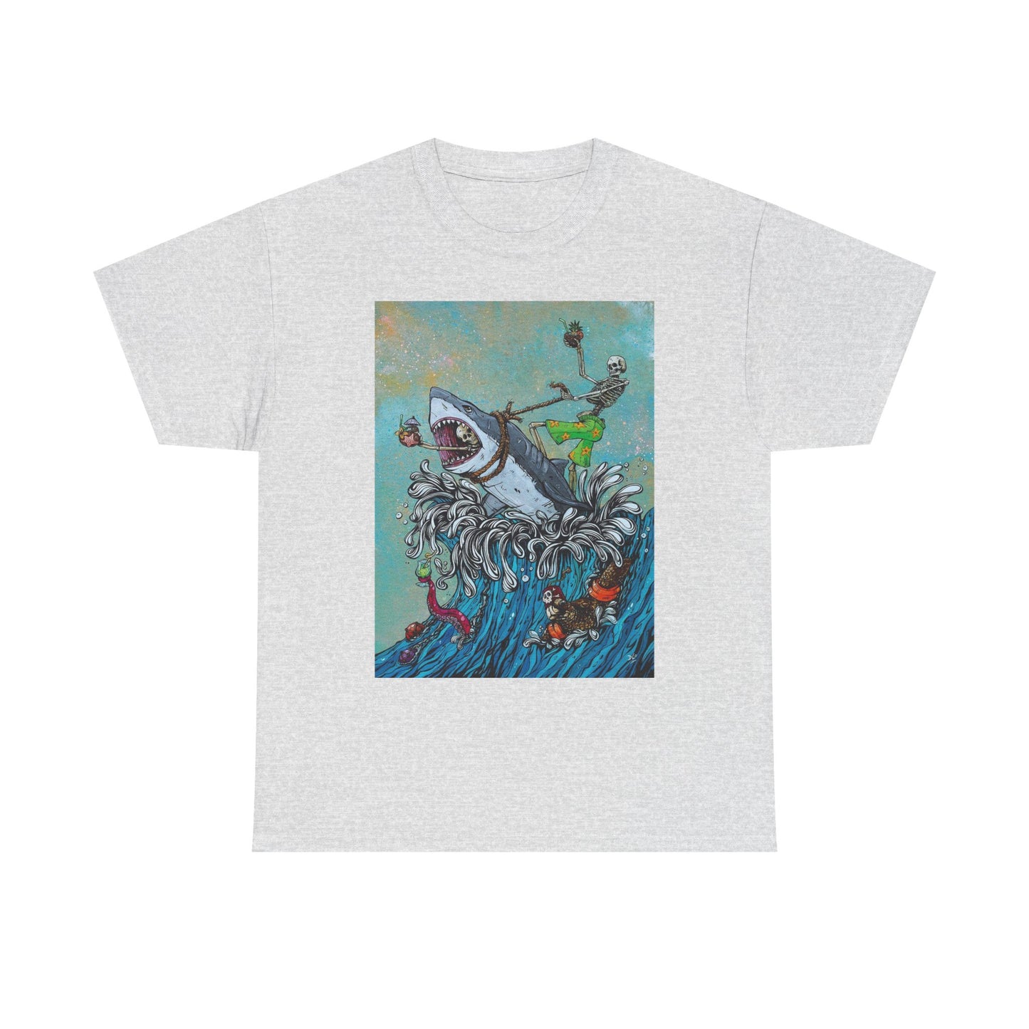 Shark Surfing Graphic T Shirt Funny Unisex Heavy Cotton Tee