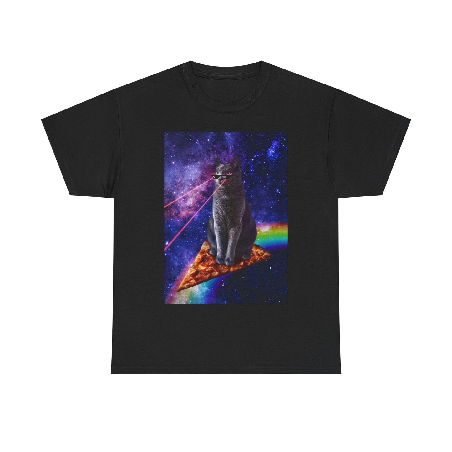 Funny Cat Flying In Space Tshirt Pizza Lazer Eyes Unisex Heavy Cotton Tee Comedy