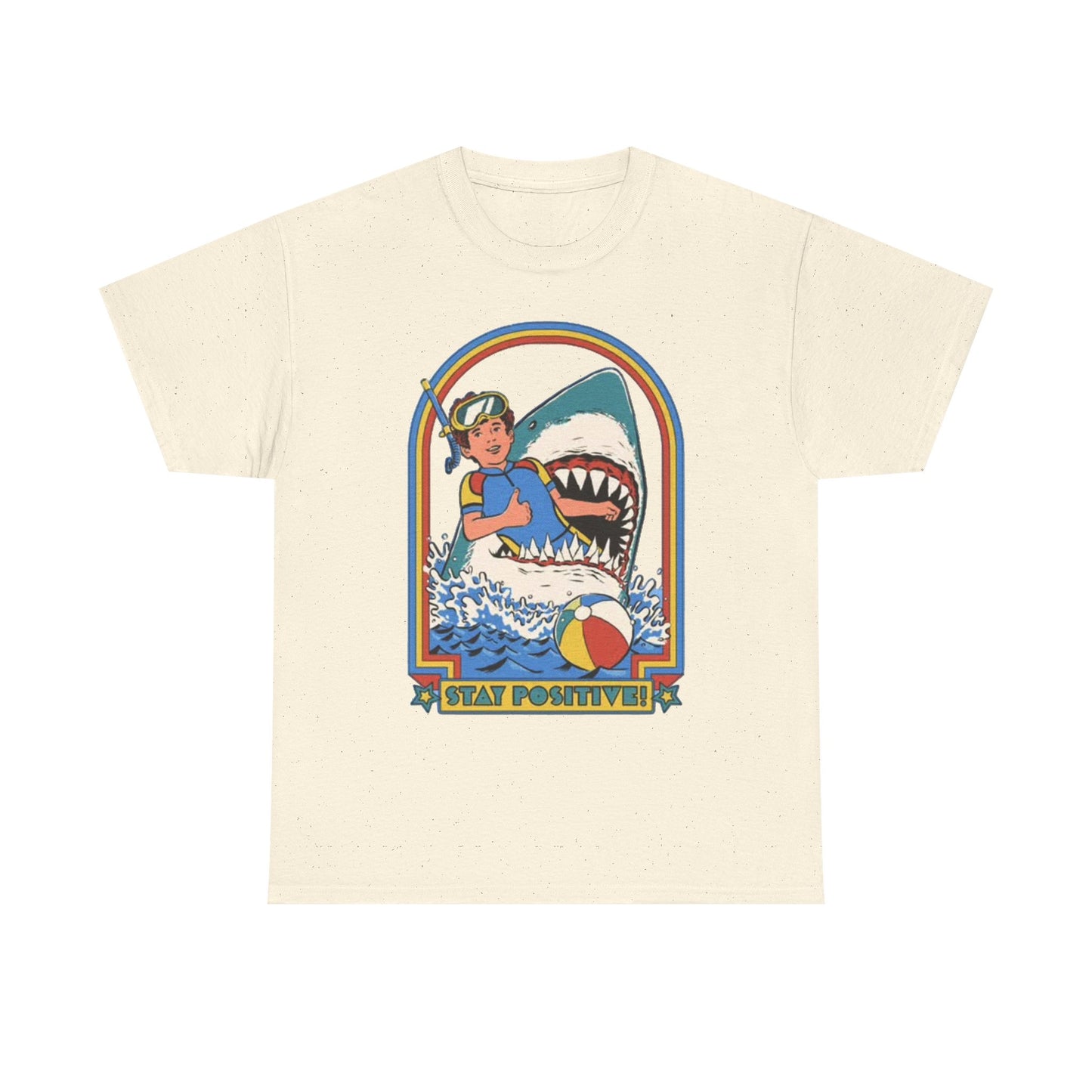 Stay Positive Funny Shark Attack Graphic T Shirt NEW Unisex Heavy Cotton Tee
