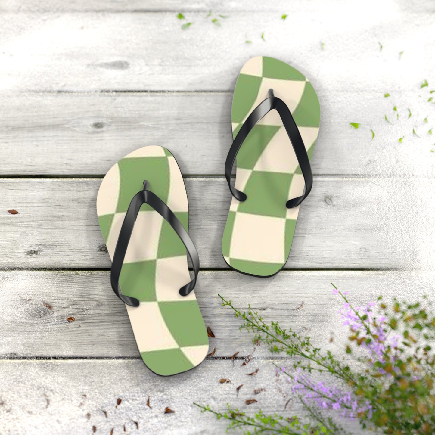 Checkered Wavy Green Sandals, Beach Shoes, Vacation Flip Flops, Pool Slides