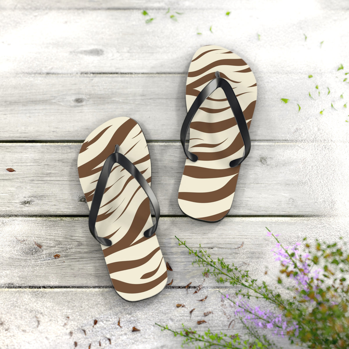 Brown Zebra Print Beach Sandals, Slides for Summer, Flip Flops, Water Resistant