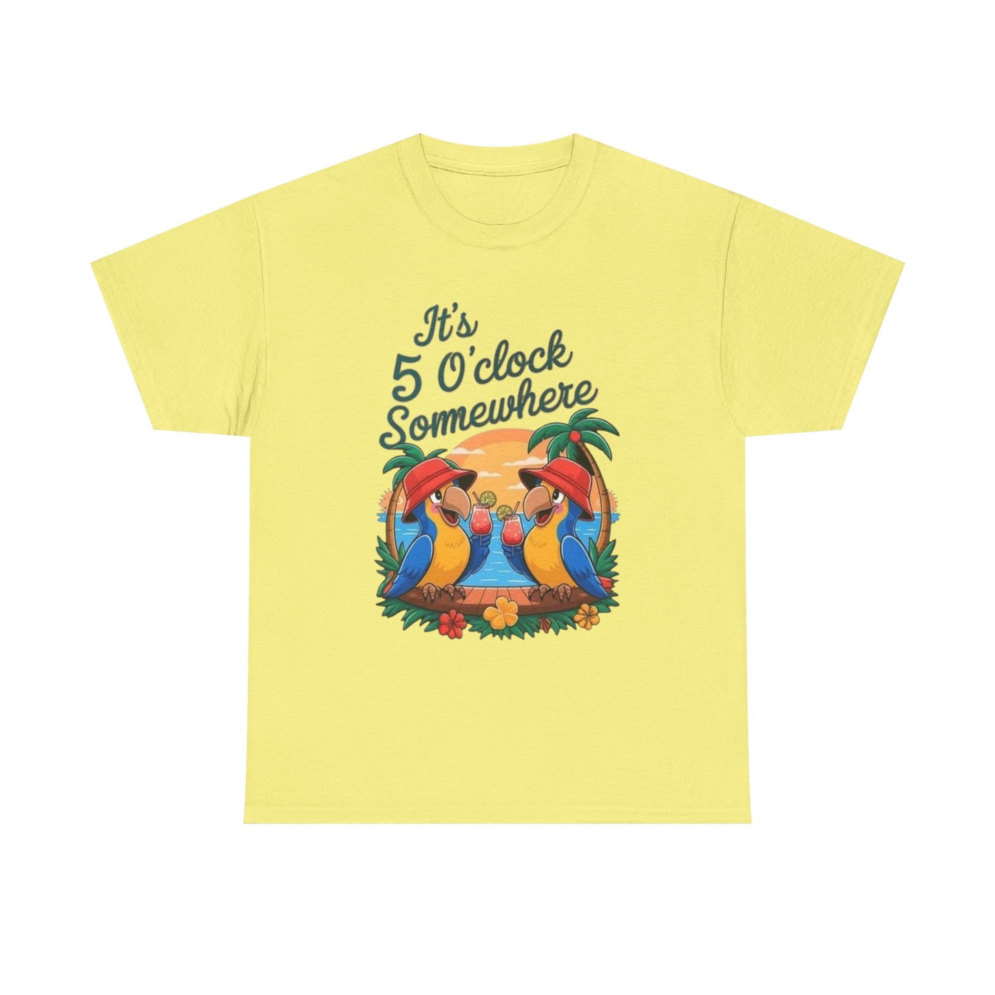 Its Five O'clock Somewhere Parrot Head Graphic T-Shirt Unisex Heavy Cotton Tee