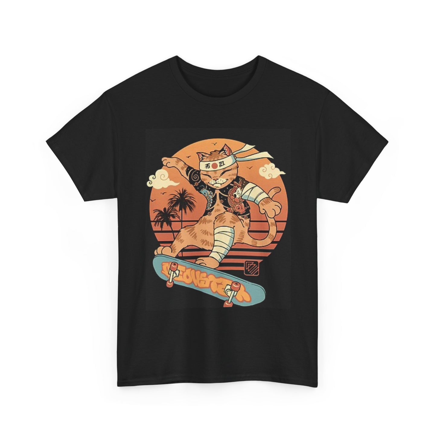 Ninja Skateboarding Cat T Shirt Graphic Funny Unisex Heavy Cotton Tee