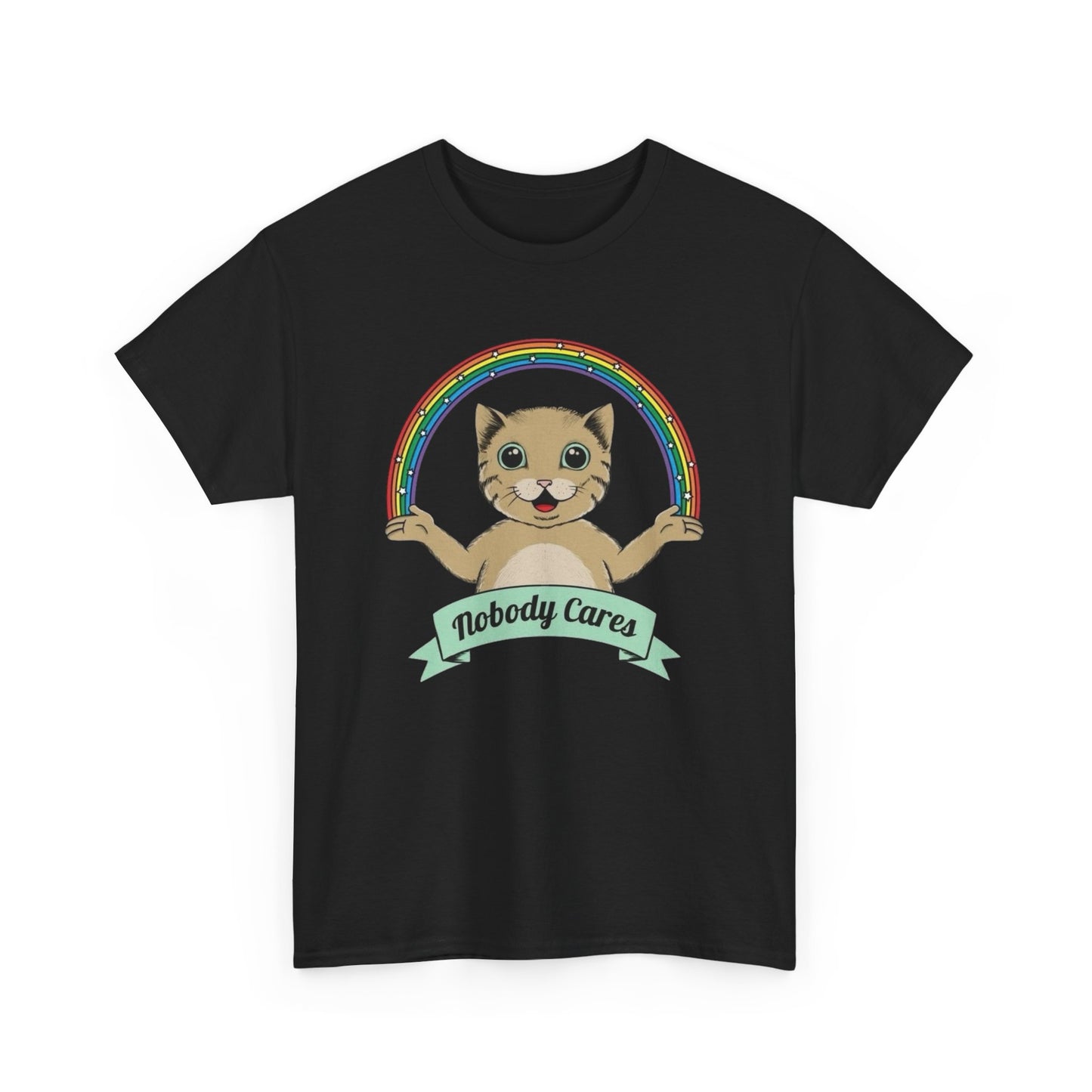 Nobody Cares Funny Cat Rainbow T Shirt Graphic Unisex Heavy Cotton Tee NEW GIFT