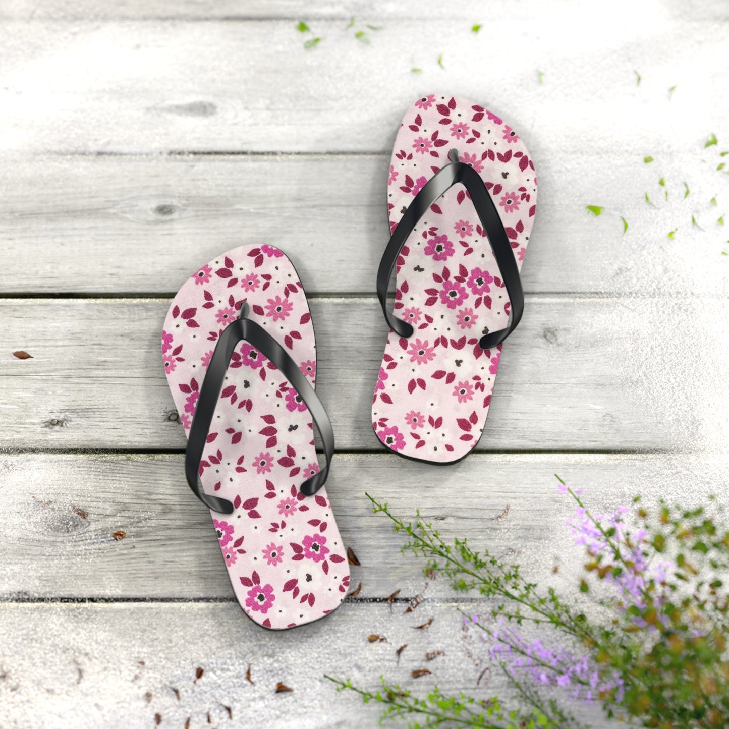 Waves And Sun Sandals Red And Pink Flowers Summer Flip Flops Slides BRAND NEW