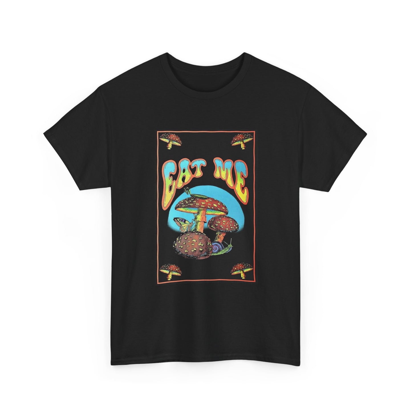 Trippy Mushroom Hunter Tshirt Eat Me Mystical Graphic Vibe Unisex Heavy Cotton