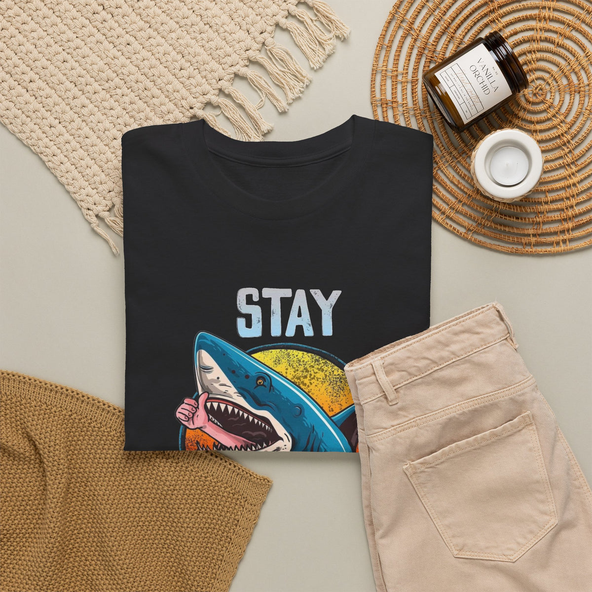 Shark Attack Stay Positive Graphic T Shirt Men's Heavy Cotton Tee