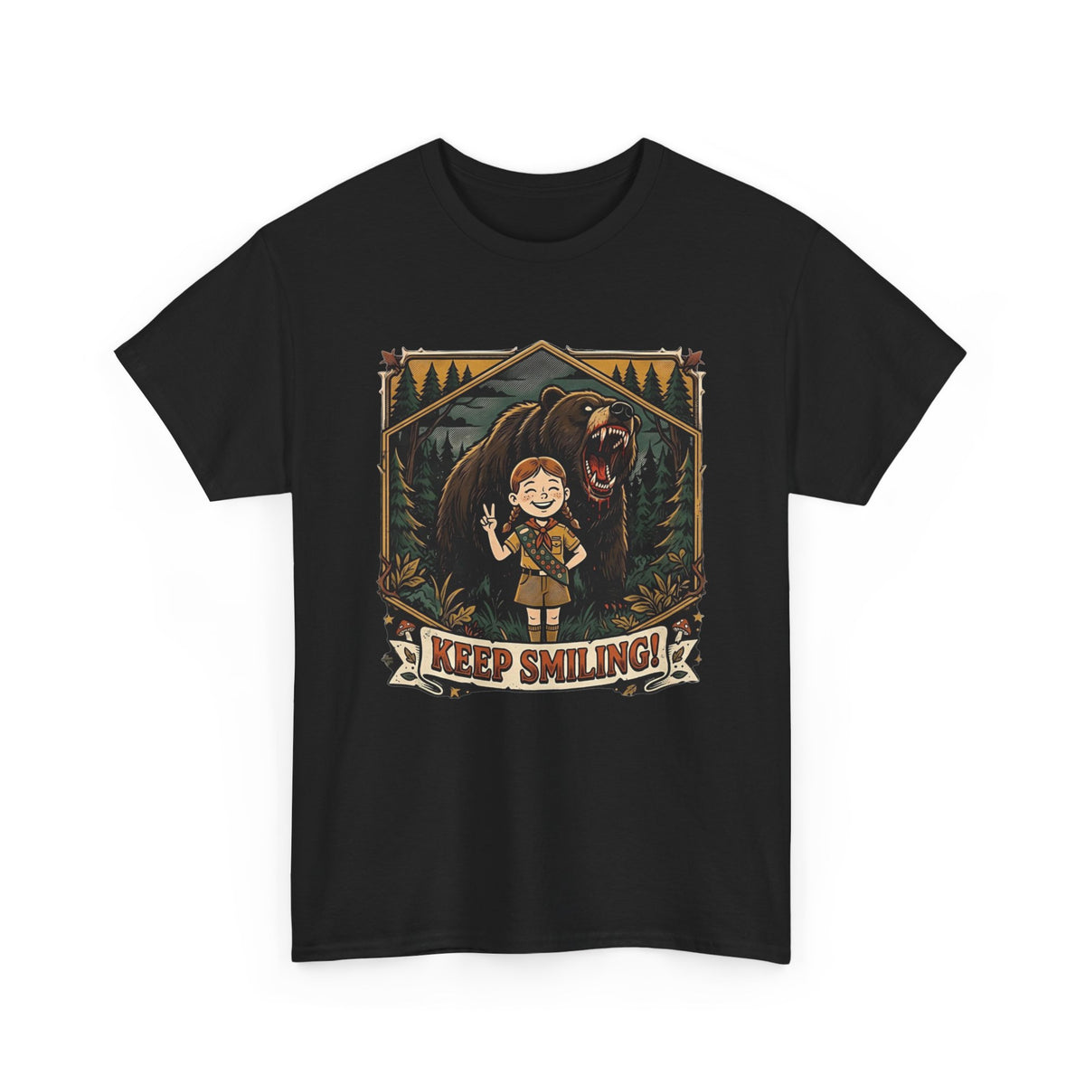 Funny Bear Attack Keep Smiling Graphic T Shirt Men's Heavy Cotton Tee