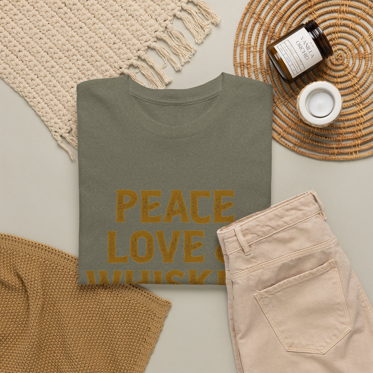 Peace Love And Whiskey Graphic T Shirt Men's Classic Heavy Cotton Tee