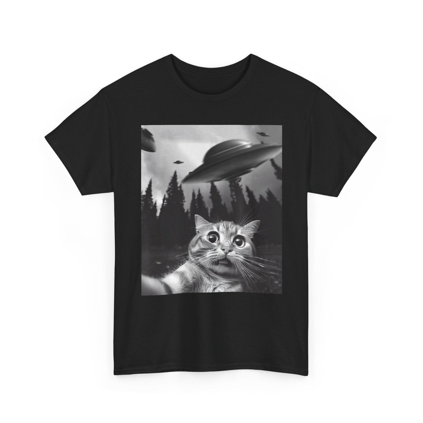 Funny Cat Selfie Alien Invasion Graphic T Shirt NEW Cotton Tee Gift