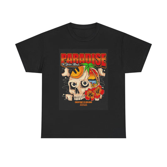 Paradise Graphic T Shirt Skull And Flowers Unisex Heavy Cotton Tee