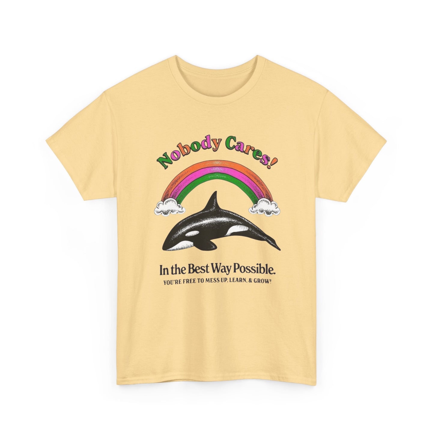 Nobody Cares Whale Rainbow Graphic T-Shirt Unisex Heavy Cotton Tee Gift