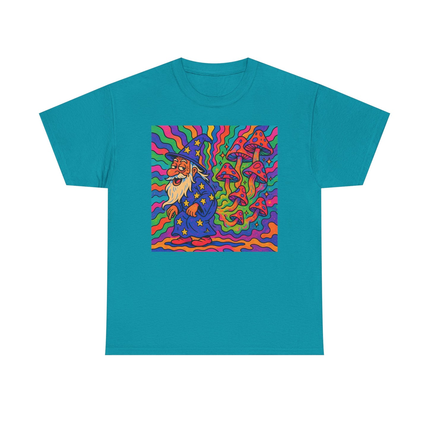 Wizard With Trippy Mushrooms Funny Graphic T Shirt Unisex Heavy Cotton Tee