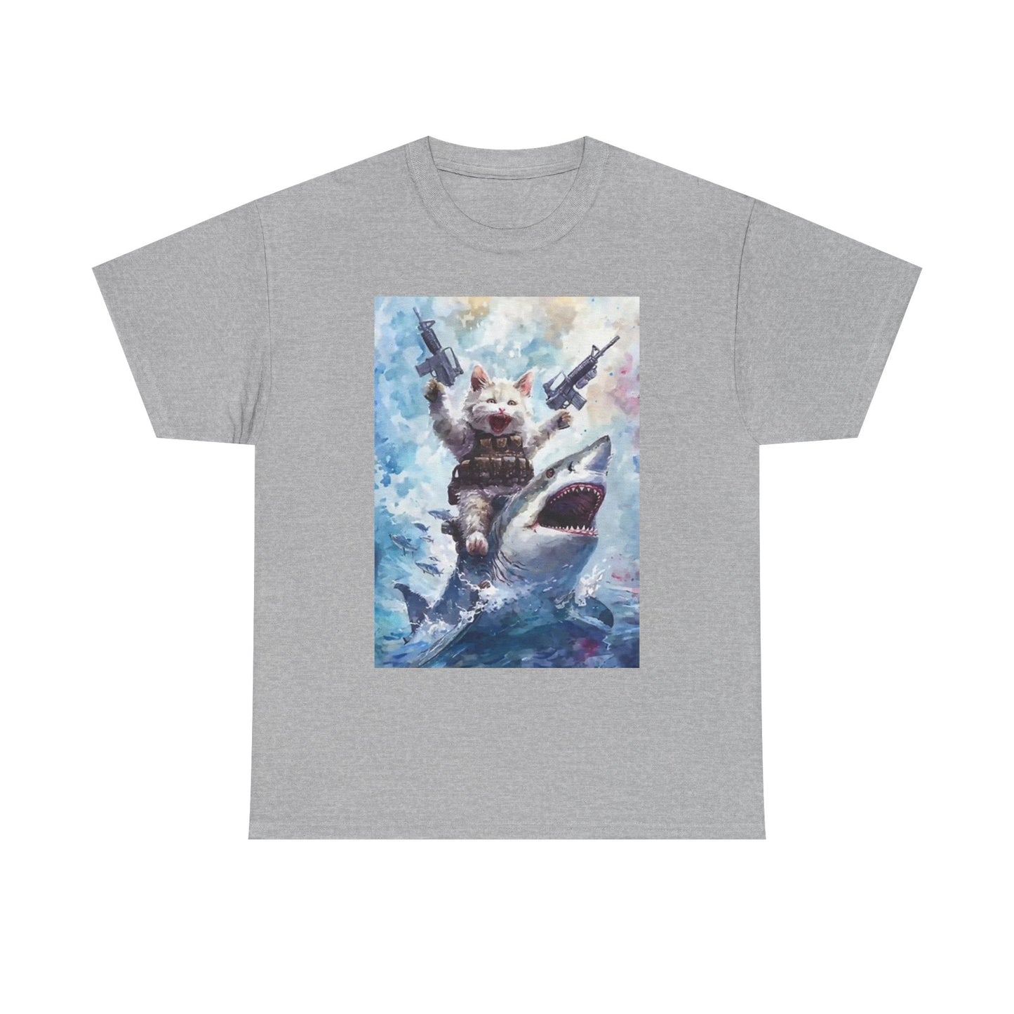 Gangster Kitty On Shark Graphic T Shirt Funny Unisex Heavy Cotton Tee