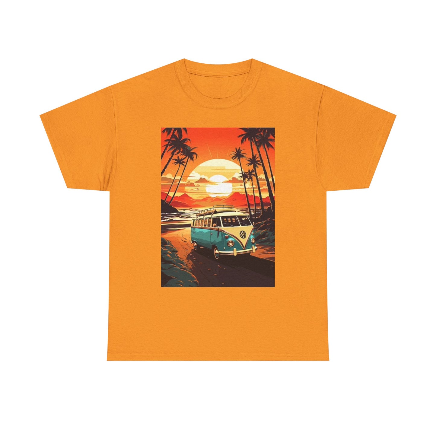 Beach Sunset Graphic T Shirt Surfing Bus Retro Unisex Heavy Cotton Tee