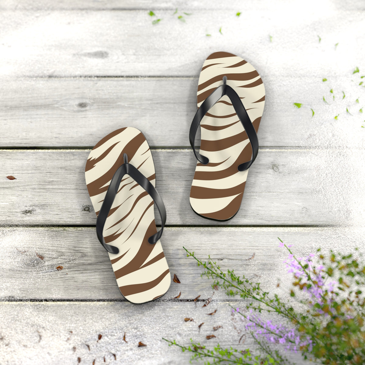 Brown Zebra Print Beach Sandals, Slides for Summer, Flip Flops, Water Resistant