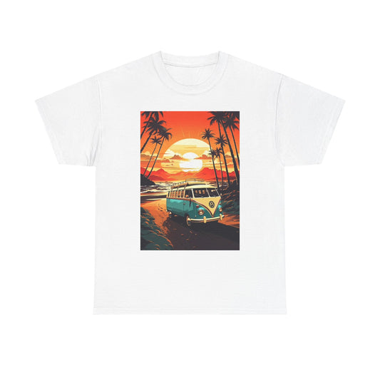 Beach Sunset Graphic T Shirt Surfing Bus Retro Unisex Heavy Cotton Tee