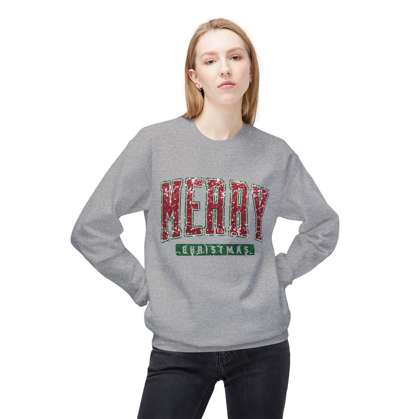 Merry Christmas Glitter Graphic Sweater NEW Unisex Fleece Crewneck Sweatshirt