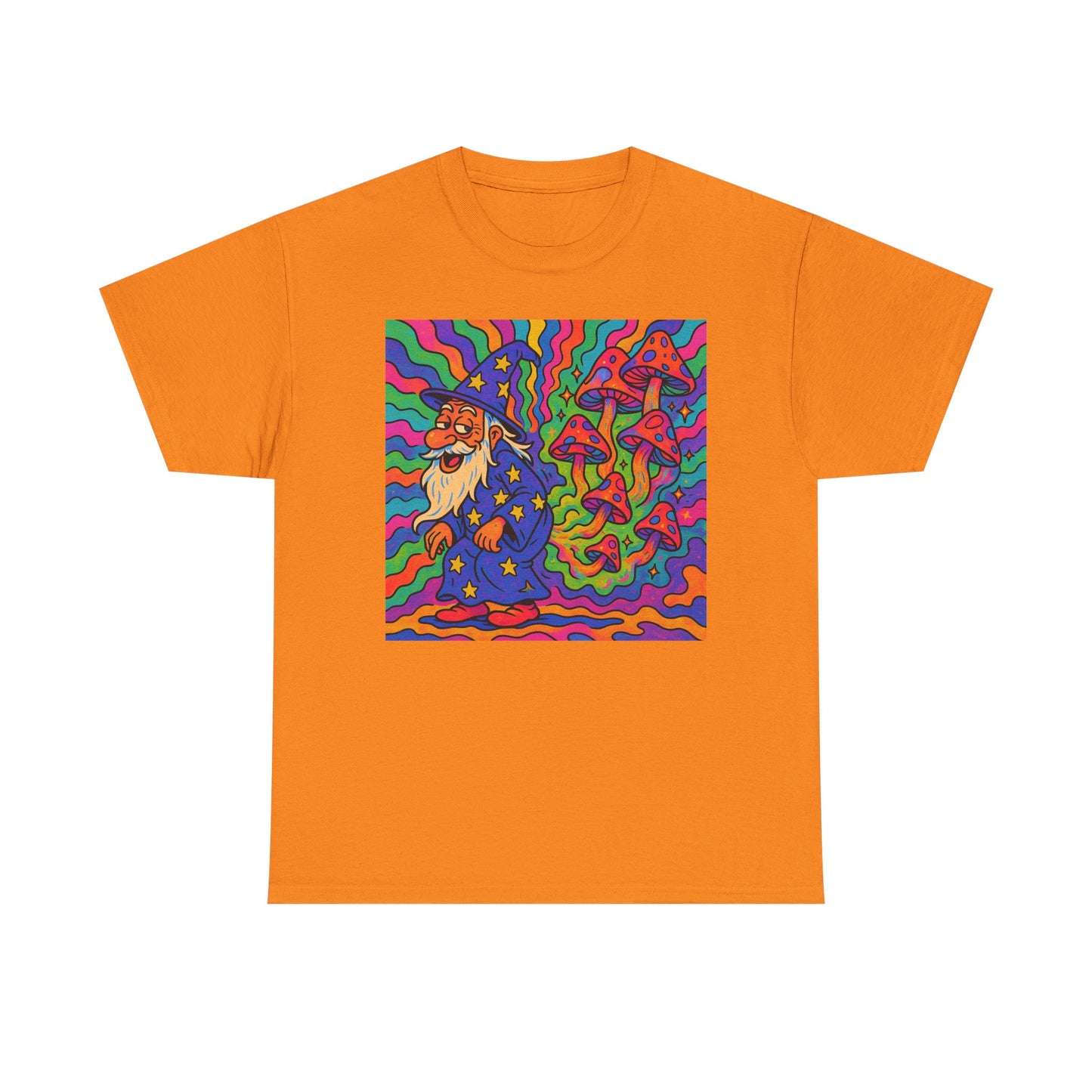 Wizard With Trippy Mushrooms Funny Graphic T Shirt Unisex Heavy Cotton Tee