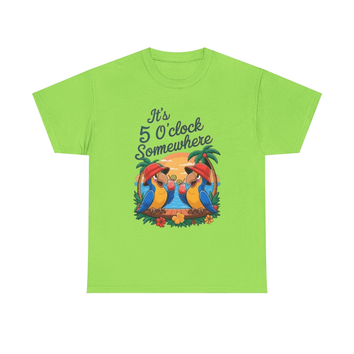 Its Five O'clock Somewhere Parrot Head Graphic T-Shirt Unisex Heavy Cotton Tee