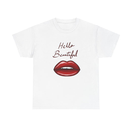 Hello Beautiful Graphic T Shirt Red Lips  Unisex Heavy Cotton Tee