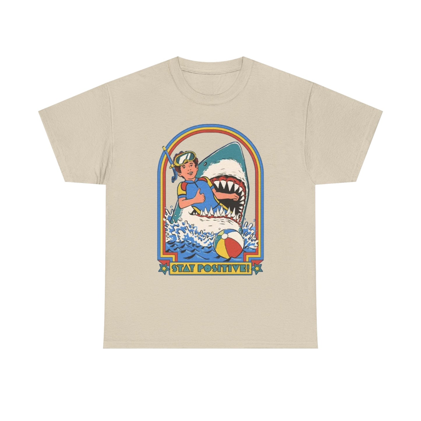 Stay Positive Funny Shark Attack Graphic T Shirt NEW Unisex Heavy Cotton Tee