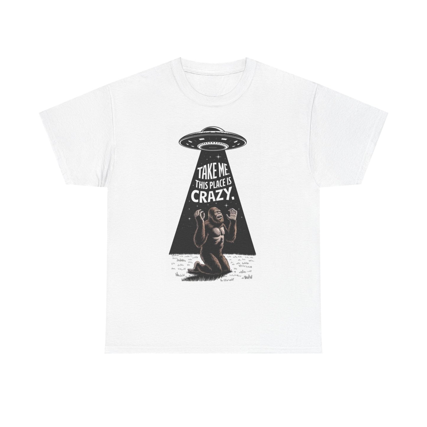 Funny Bigfoot Alien Abduction Graphic T Shirt Jokes Unisex Heavy Cotton Tee
